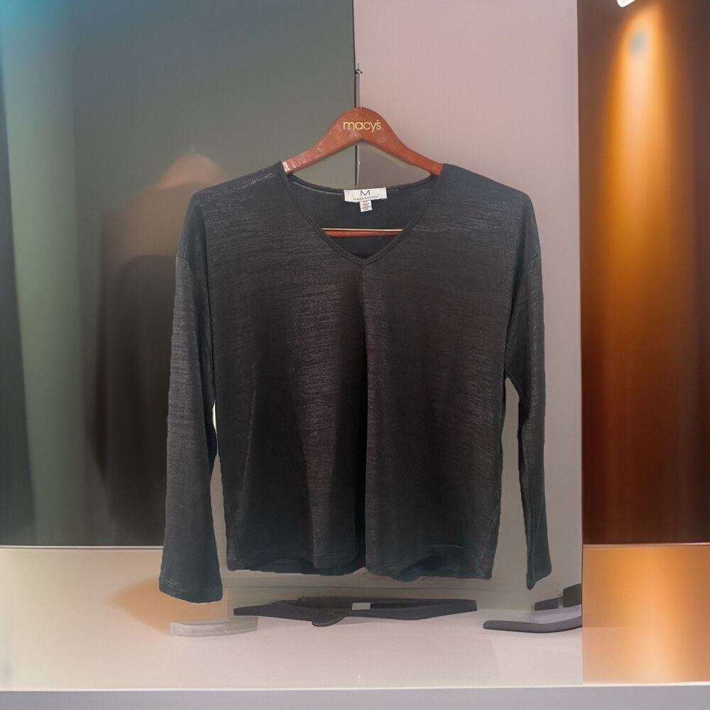 Magaschoni Women's Black Top Long Sleeves V-Neck Stretch Blouse Size S